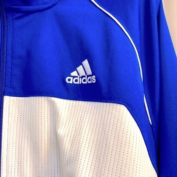 Men’s Adidas Blue & White Three Stripe Polyester Zip Up Athletic Track Jacket - Picture 4 of 11